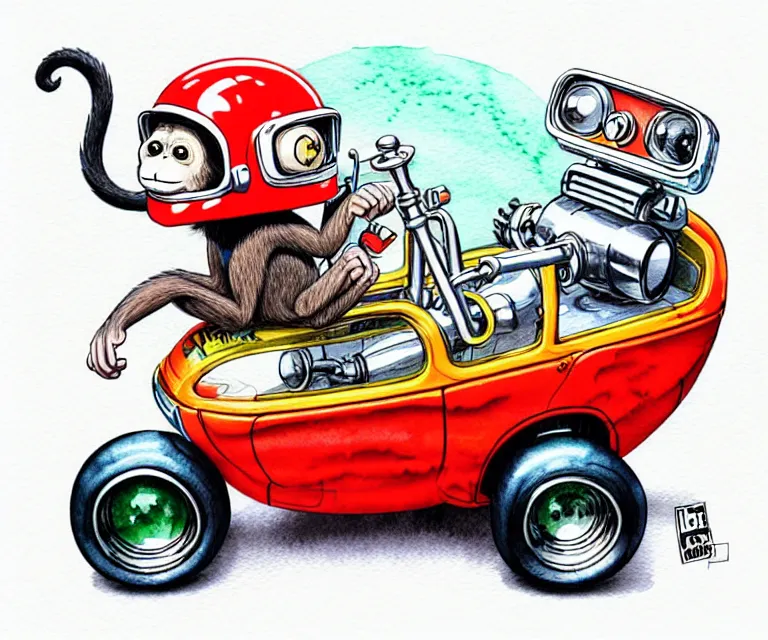 Image similar to cute and funny, monkey wearing a helmet riding in a tiny hot rod with oversized engine, ratfink style by ed roth, centered award winning watercolor pen illustration, isometric illustration by chihiro iwasaki, edited by range murata, tiny details by artgerm, symmetrically isometrically centered