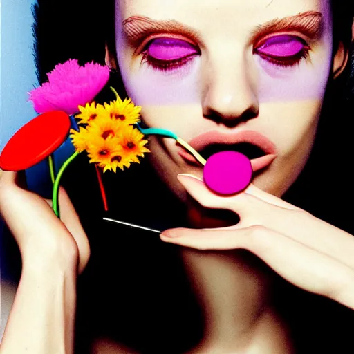 Image similar to a studio close - up portrait of a a fashion model smelling a plastic toy flower. surreal photograph, lo - fi, polished look, silly and serious, hermes ad, fashion photography, toiletpaper magazine by pierpaolo ferrari and maurizio cattelan, 3 5 mm photograph, colourful, by pierpaolo ferrari, maurizio cattelan, david lachapelle