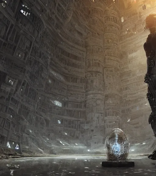Prompt: tarkovsky greatest scene, the ancient destroyed majestic tower of babylon, woman in gantz suit, futuristic cyber clothing, transparent puffer jacket, hyperrealistic, blockchain, cyber world, ambient lighting, concept art, intricate, hyper detailed, smooth, dynamic volumetric lighting, octane, ray trace, cinematic, high quality, cgsociety