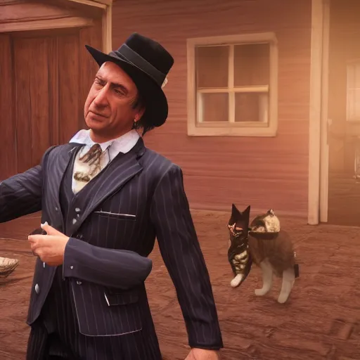 Image similar to Film still of Saul Goodman wearing a cat maid outfit, from Red Dead Redemption 2 (2018 video game), trending on artstation, artstationHD, artstationHQ