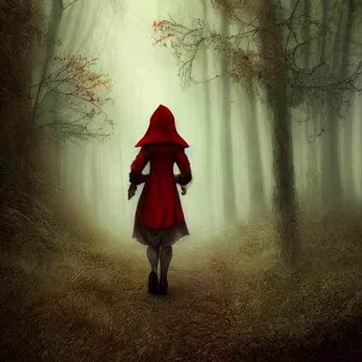 Prompt: highly detailed digital matte painting of little red riding hood walking through a dark foggy forest path, grimdark atmosphere, and volumetric light. trending on artstation, luis royo