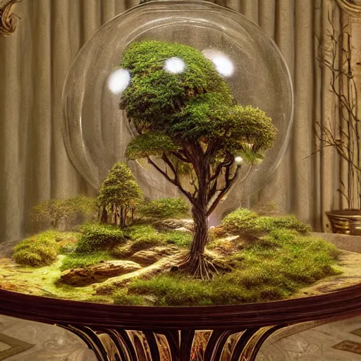 Prompt: a miniature tabletop forest glowing under an ornate glass dome, by paulette tavormina and michael whelan and donato giancola, on a sumptuous velvet tablecloth, hyper realistic, extremely detailed, dramatic lighting, victorian, octane render, featured on artstation