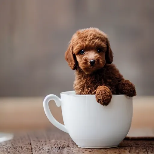 Image similar to very realistic cute brown poodle puppy sitting inside a tea cup