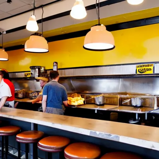 Image similar to busy wafflehouse interior with customers eating breakfast and wafflehouse employees serving food and cooking behind countertop bar that has customers sitting at