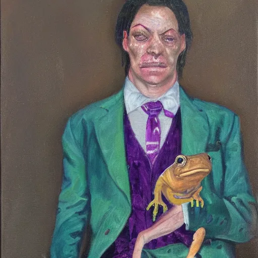 Image similar to Portrait of a psychotic crossbreed between a rabid dog and a toad, in a purple suit, oil painting