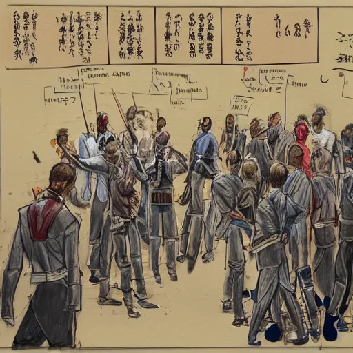 Prompt: highly detailed realistic sketch of UN members in suits yelling at a cyborg samurai, killing each-other , bloody , fear and anger in their eyes, colored , award winning , masterpiece on a scroll , post-processing