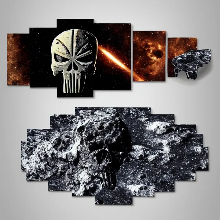 Prompt: asteroid belt with big asteroid in form of punisher skull