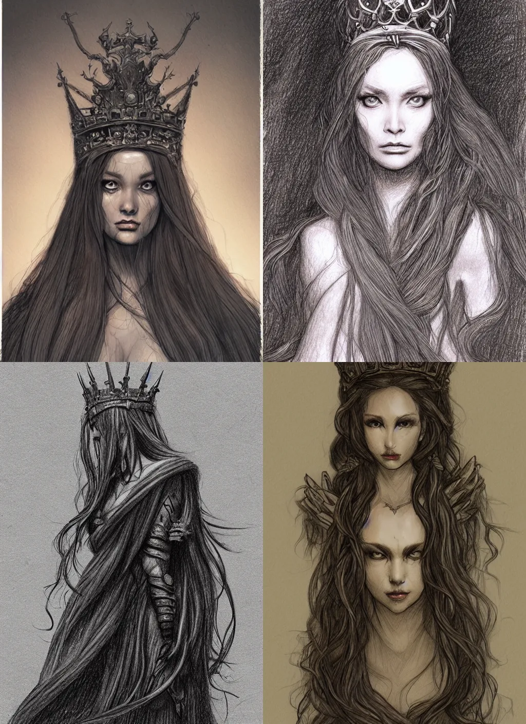 Prompt: a drawing of a queen with long hairs in the style of brian fround and alan lee and marc simonetti and emil melmoth, cinematic lighting