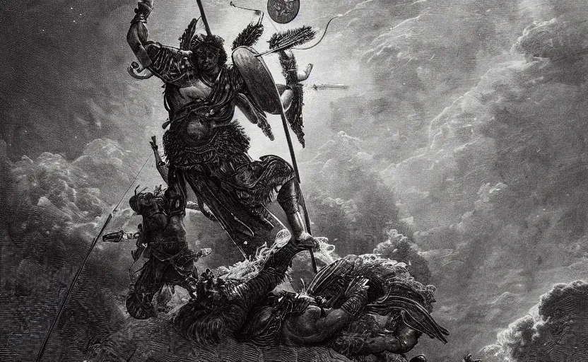 Image similar to highly detailed and cinematic romantic the great greek warrior with a spear piercing the edge of the universe from the book of the long sun by gene wolfe, highly detailed painting by gustave dore