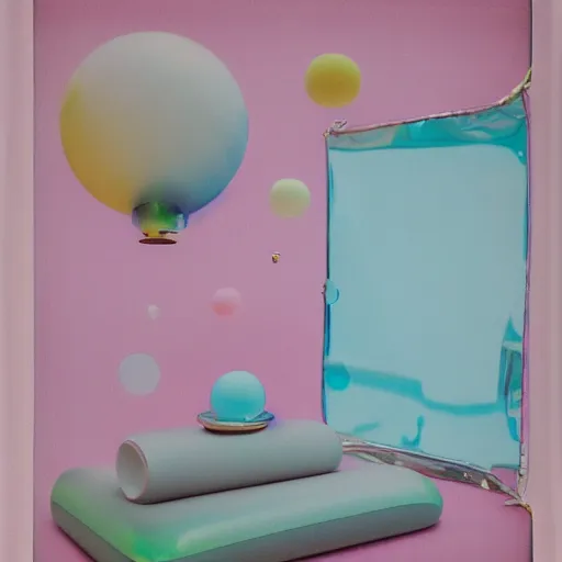 Image similar to a pastel colour high fidelity Polaroid art photo from a holiday album at a seaside with abstract inflatable parachute furniture ((and some spheres)), all objects made of transparent iridescent Perspex and metallic silver, no people, iridescence, nostalgic