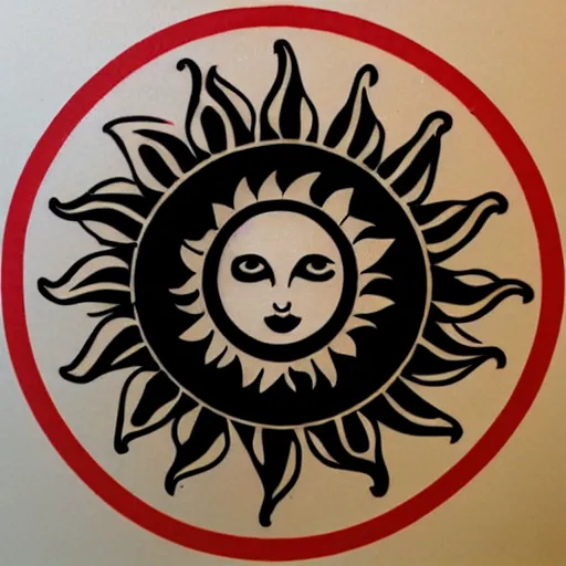 Image similar to tattoo design, stencil, a single eye in the centre of the sun with ancient symbols flowing around it