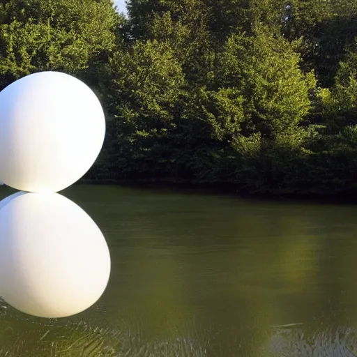 Prompt: 2 0 white egg shaped spheres intersect and merge in space to form a parametric building, designed by antti lovag on the calm water surface