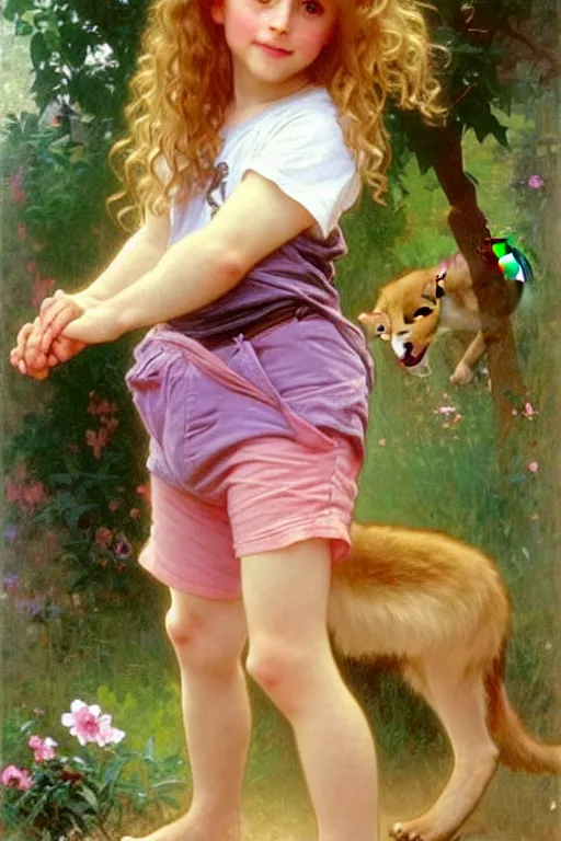 Image similar to a seven - year old with long curly dirty blonde hair, blue eyes, tan skin a pink tee shirt and shorts, playing with foxes, painting by daniel gerhartz, alphonse mucha, bouguereau, detailed art, artstation