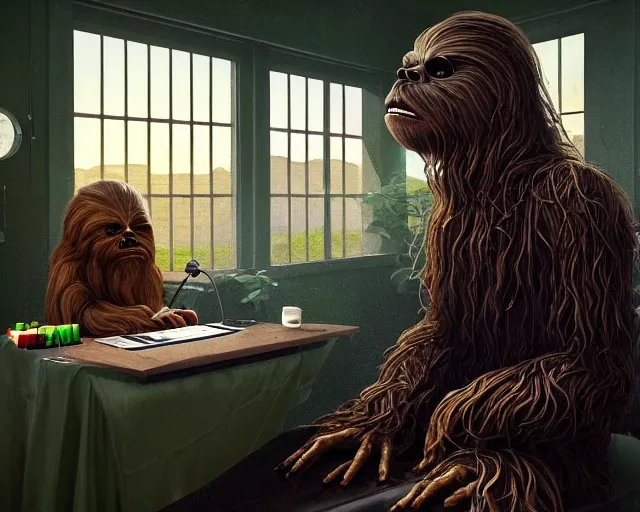 Prompt: wookiee at home trading crypto. the charts are at all time highs, gains, green charts, painting by grant wood and frank frazetta, 3 d rendering by beeple, wlop