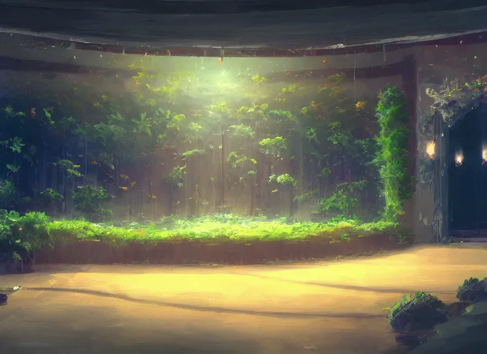 Image similar to anime background clean neat clarity professional visual development set design, cozy hall with big screen instead of one wall, sparse plants, dim painterly lighting volumetric aquatics, impasto, trending on pixiv