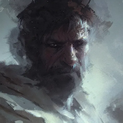 Prompt: Portrait painting of weary paladin by greg rutkowski and Craig Mullins, Dark atmospheric and cinematic lighting