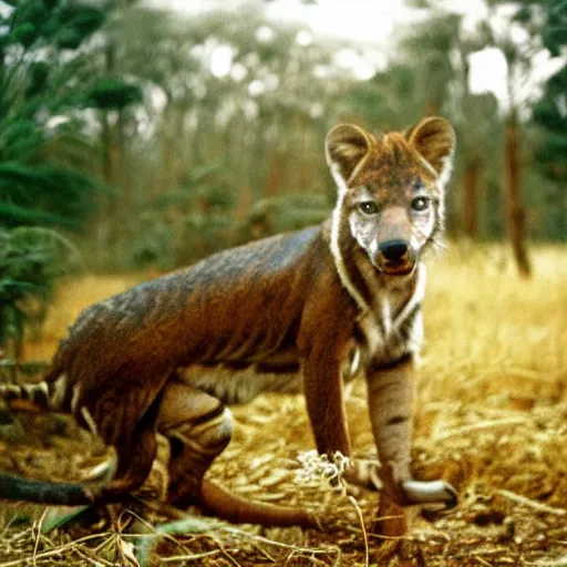 Image similar to dynamic photos of a tasmanian tiger, National Geographic animal pictures, sharp detail, shallow depth of field