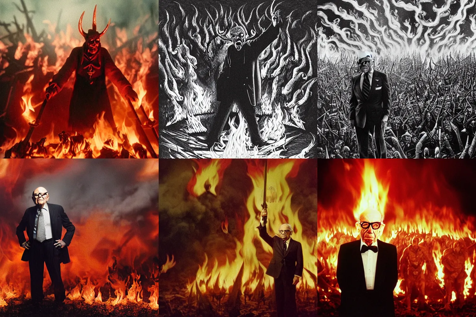 Prompt: Rupert Murdoch as the Devil standing in front of his satanic army in hell, photo realistic, 35mm photograph, fire and flames and smoke, depth of field