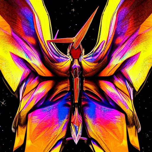 Image similar to multicolored open wings, a big yellow star below, an open eye in its center, space in the background, cyberpunk, details visible, digital art