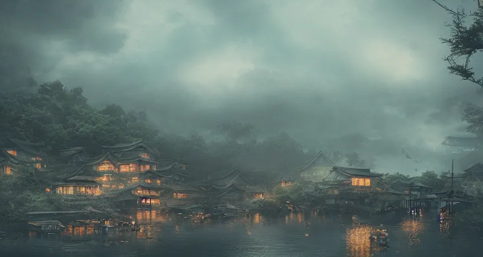 Image similar to An old Japanese fishing village at night, evil, demonic, enchanting, misty, haze, cloudy, angelic, flowers, nature, environment concept, cinematic, cgsociety, dim and dark lighting, cinematic, intricate details, 8k detail post processing, hyperealistic, photo realism, by Stephen King