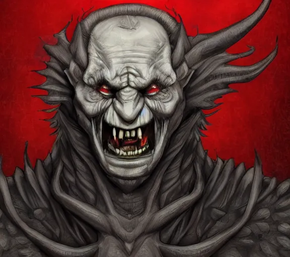 Image similar to vladimir putin as a scary monster in hell, highly detailed, amazing digital art, trending on artstation