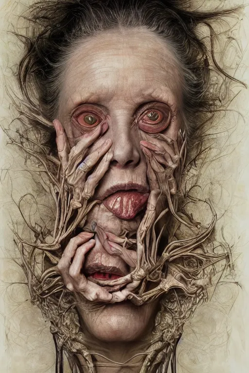 Image similar to Detailed maximalist portrait of a beautiful old woman with large lips and eyes, scared expression, botanical skeletal with extra flesh, HD mixed media, 3D collage, highly detailed and intricate, surreal illustration in the style of Jenny Saville, dark art, baroque, centred in image