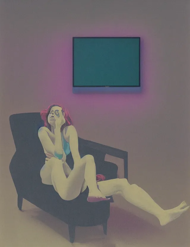 Prompt: woman in dark room sitting on a chair infront of tv, blue rays from tv, redshift, wide shot, coloured polaroid photograph, pastel, kodak film, hyper real, stunning moody cinematography, by maripol, fallen angels by wong kar - wai, style of suspiria and neon demon, david hockney, detailed, oil on canvas
