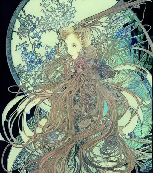 Image similar to yoshitaka amano anime painting, intricate line drawings, pen and ink, alphonse mucha, claire wendling, kentaro miura, ruan jia