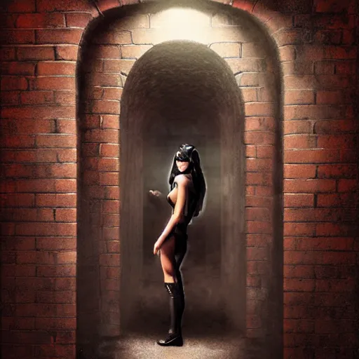 Prompt: a victim being intimidated by a succubus in a leather suit, devi wings, cracked brick wall, long hallway, light at the end of the tunnel, volumetric lighting, concept art, fantasy, dramatic lighting, daz, by mark ryden, hayao miyazaki