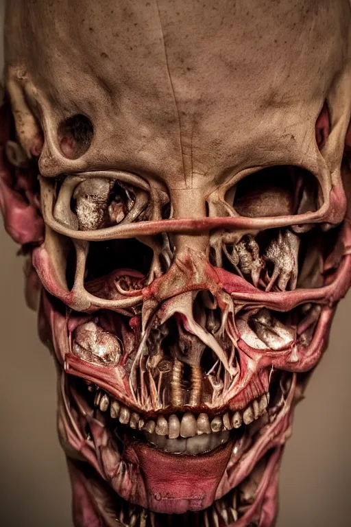 Image similar to close up portrait inside a museum, a room where anatomical body parts are piece of arts by Rob Bottin at night, filth and grim, very detailed, ultra realistic photography 50mm lens, grainy image