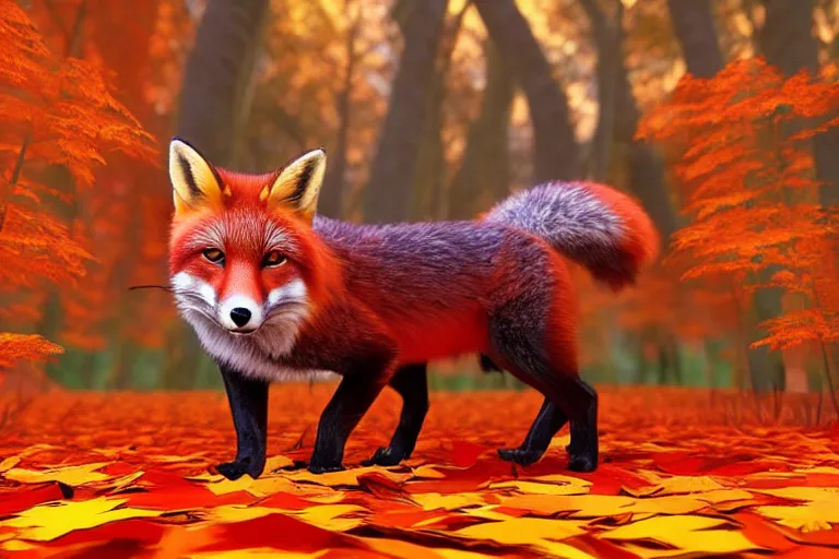 Image similar to super detailed color lowpoly art, red fox in an autumn maple forest, unreal engine, retrowave color palette, 3 d render, lowpoly, colorful, digital art, perspective
