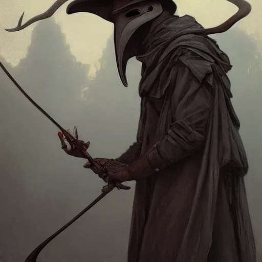 Image similar to ! dream a plague doctor hunting with a bow, with antlers on his head, deep focus, intricate, elegant, highly detailed, digital painting, artstation, concept art, matte, sharp focus, illustration, art by artgerm and greg rutkowski and alphonse mucha