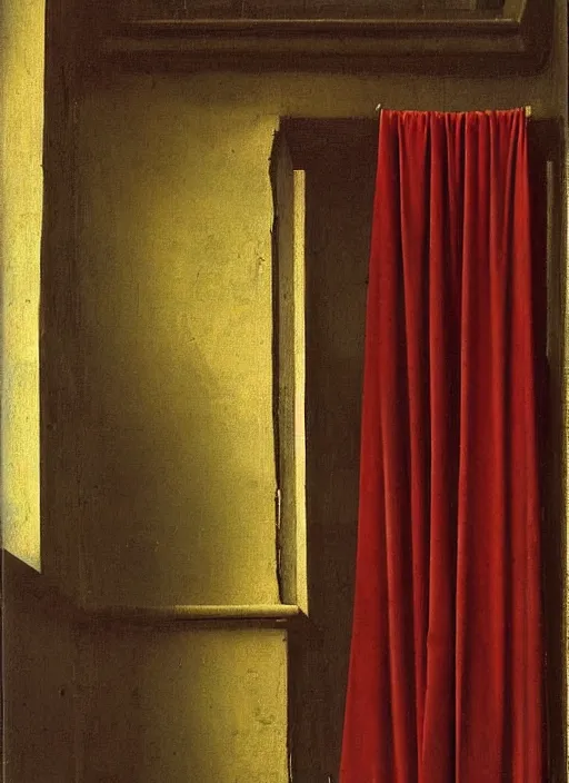 Image similar to red curtain, medieval painting by jan van eyck, johannes vermeer, florence