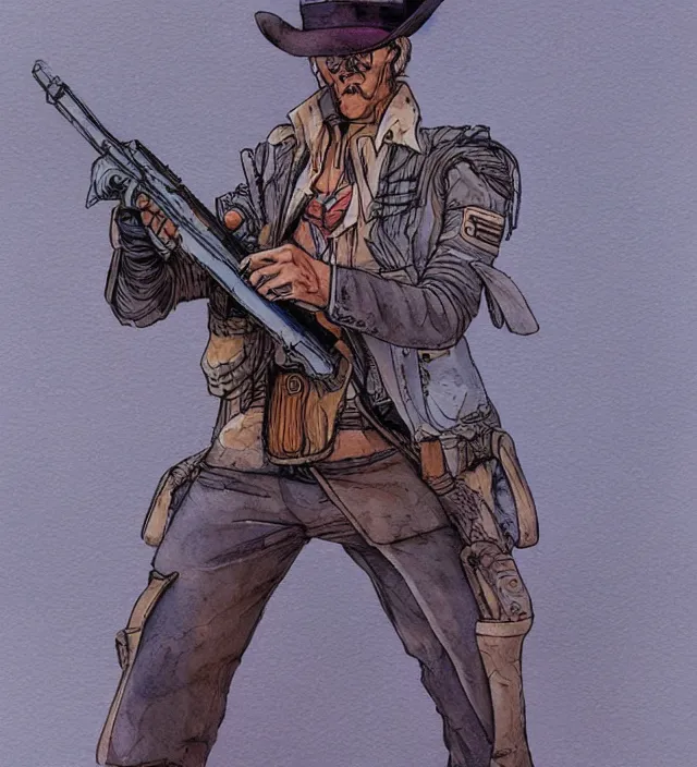 Image similar to a watercolor ink painting of an anthropomorphic bunny mercenary / gunslinger posing with their revolver in the style of jean giraud in the style of moebius trending on artstation deviantart pinterest detailed realistic hd 8 k high resolution