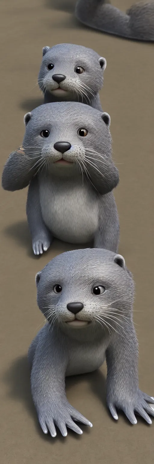 Image similar to lots of cute gray otters in the style of zootopia. volumetric lighting, subsurface scattering, hyperrealistic, render, hyperdetailed