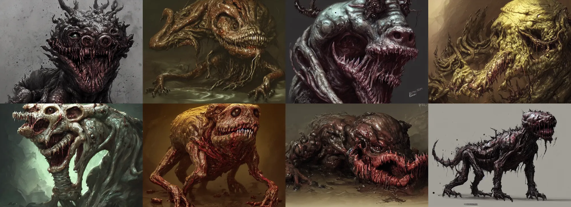 Prompt: a nightmarish slimy monster puppy, with black eyes, rotting flesh, exposed bone, by brad rigney, concept art, dramatic lighting, highly detailed digital painting