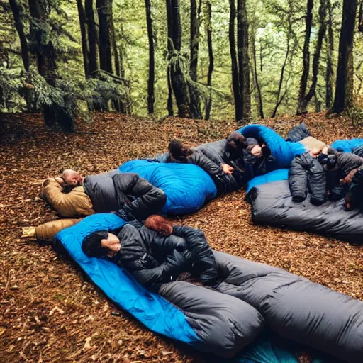 Image similar to a pack of wolves encircling a sleeping bag in a forest