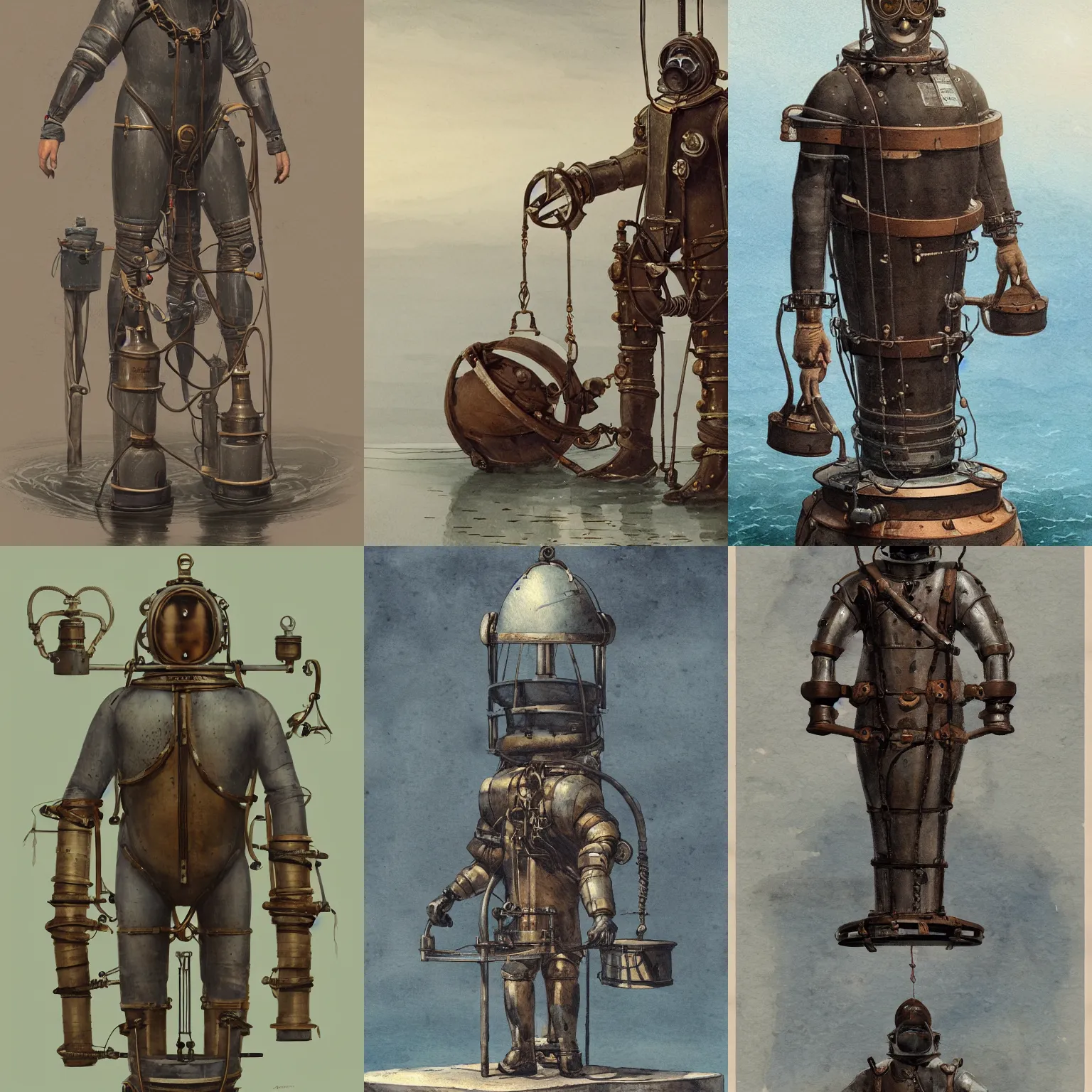 Prompt: a man in an year 1 8 0 0 s old fashioned diving suit, diving bell, highly detailed, by greg rutkowski, illustration, highly detailed water colour 8 k, cinematic lighting, hd, high detail, atmospheric, trending on artstation