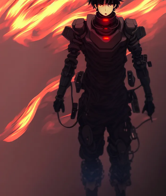 Image similar to a detailed manga illustration character full body portrait of a dark haired cyborg anime man shrouded in clouds of dark smoke and fire, trending on artstation, digital art, 4 k resolution, detailed, high quality, sharp focus, hq artwork, insane detail, concept art, character concept, character illustration, full body illustration, cinematic, dramatic lighting