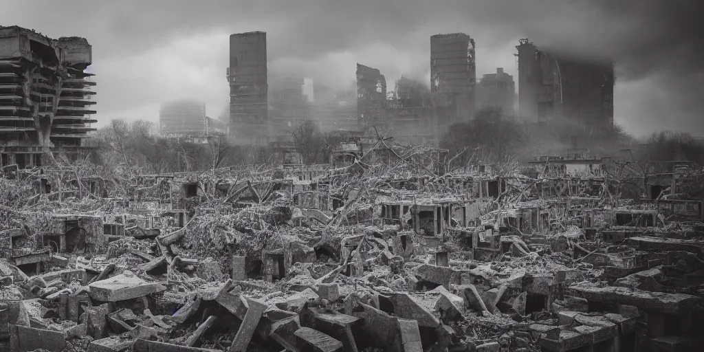 Prompt: a nuclear landscape of the southbank centre in london, collapsed brutalist architecture, groups of human figures stagger among the ruins, fog, dust atmosphere, brooding clouds, mushroom cloud, detailed, 4k