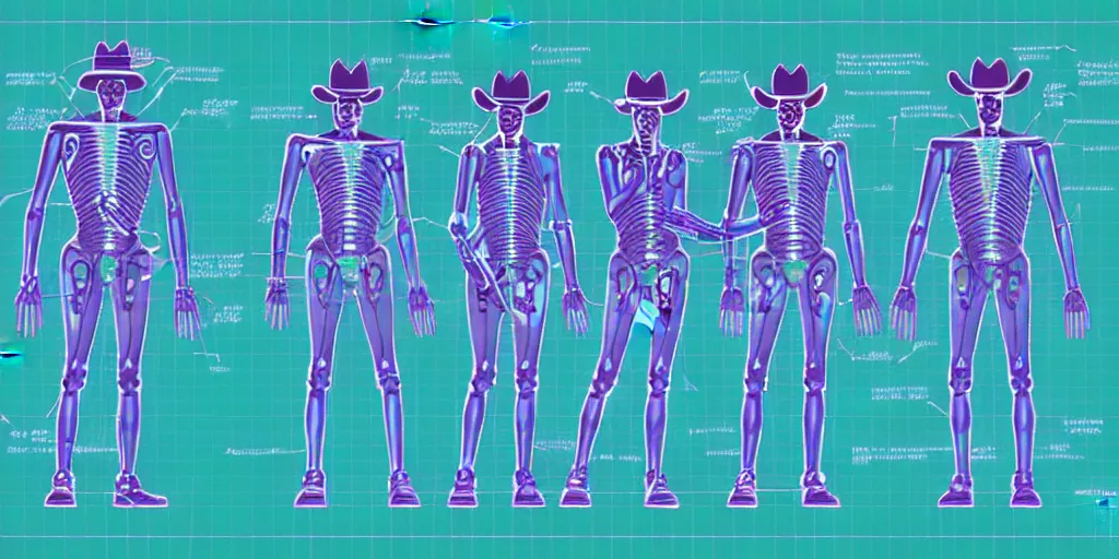Image similar to technical diagram blueprint of anthropomorphic anatomical sip technician, cyborg cowboy technical diagram, anthropomorphic nootropic commission system, humanoid cowboy snake man machine blueprint, performance enhanced salesman anatomy, snake oil sip tech technical blueprint plan with subtle purple green iridescent sheen