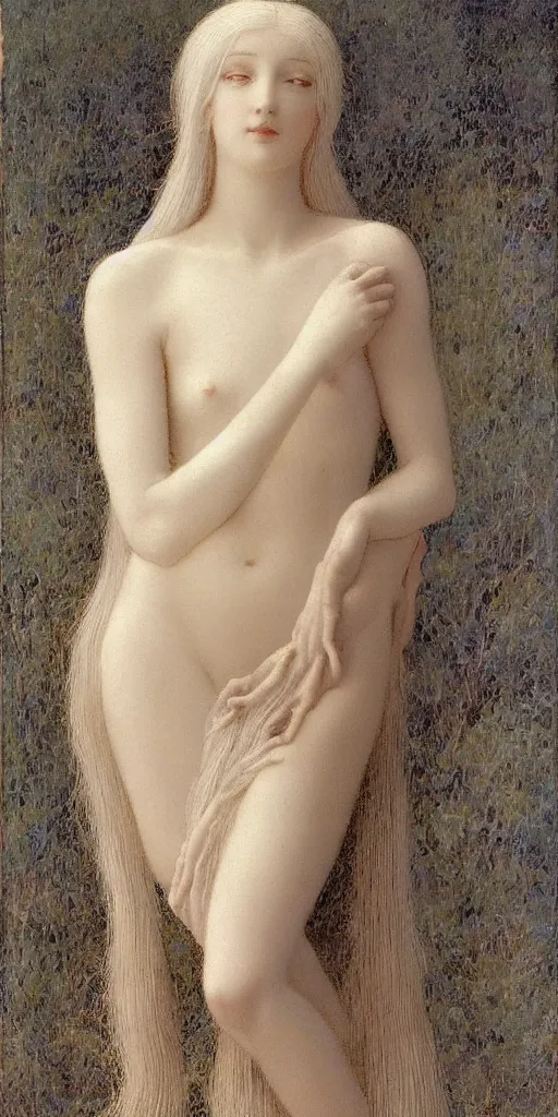 Image similar to Say who is this with silver hair so pale and Wan! and thin? beautiful lone single feminine!! angel, Venus Aphrodite, in the style of Jean Delville, Lucien Lévy-Dhurmer, Fernand Keller, Fernand Khnopff, oil on canvas, 1896, 4K resolution, aesthetic, mystery