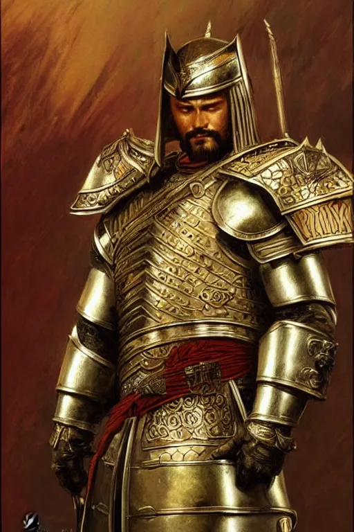 Prompt: attractive beefy male with armor, ancient china, three kingdoms, character design, painting by gaston bussiere, craig mullins, j. c. leyendecker, tom of finland