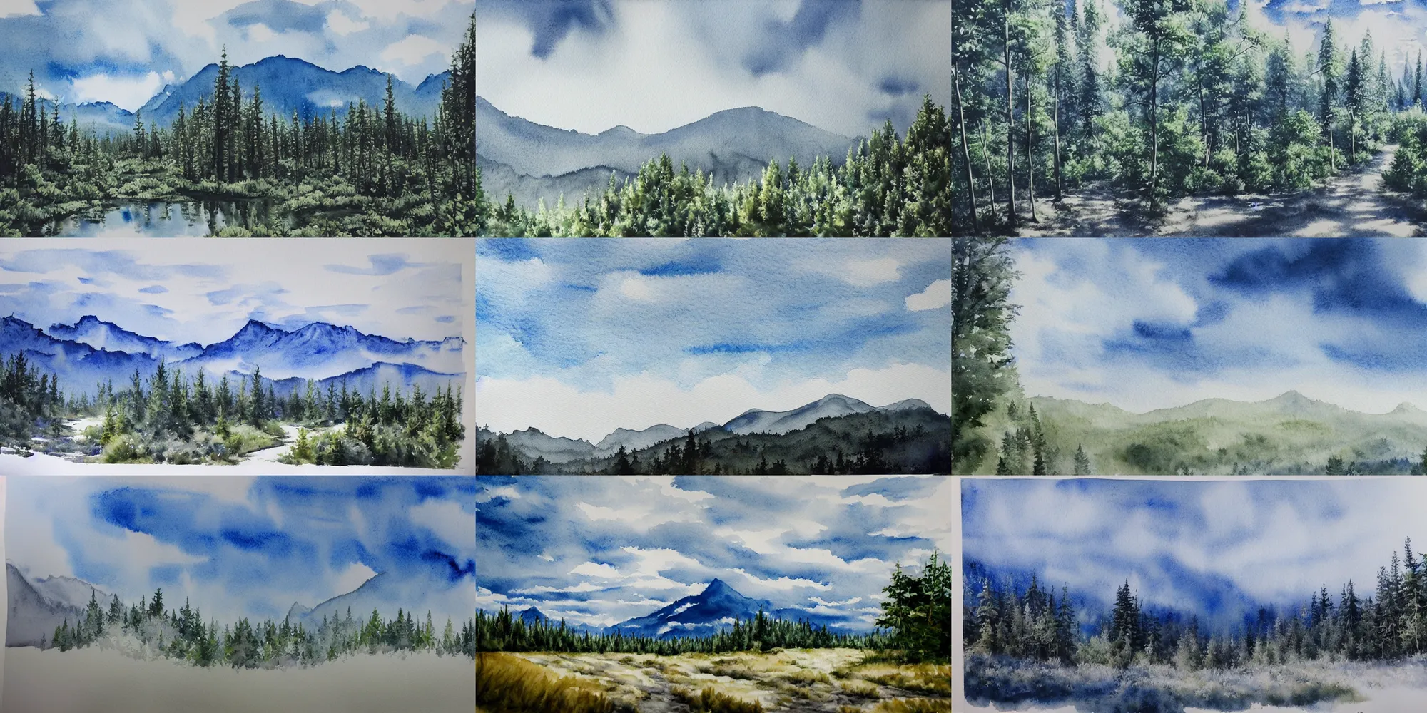 Prompt: modern highly detailed hyperrealist watercolor painting white sky and blueish landscape forest mountainous trending on artstation