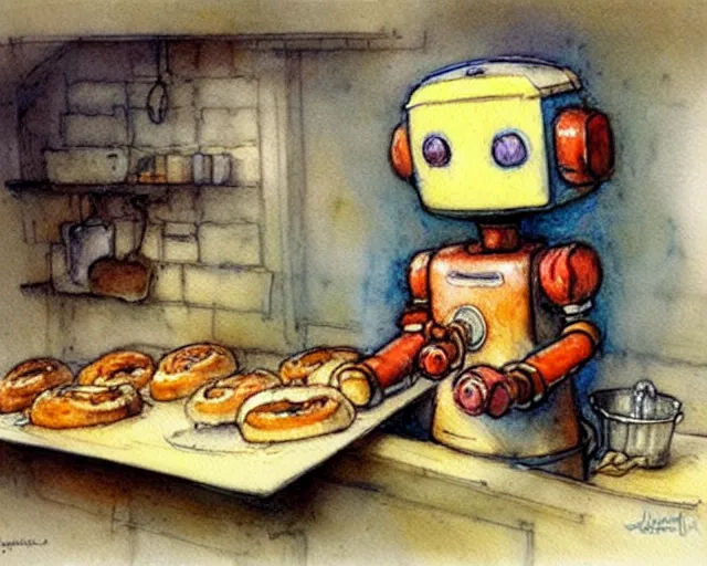 Image similar to a cute little robot in the kitchen baking bagels, holding a tray of bagels, watercolor painting by jean - baptiste monge, muted colors