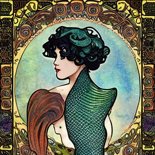 Image similar to sherlock holmes mermaid in the style of mucha