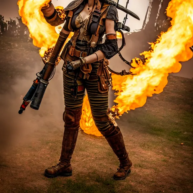 Prompt: full length photo of a beautiful dieselpunk warrior with a flamethrower, 8 k, hdr, smooth, sharp focus, high resolution, award - winning photo