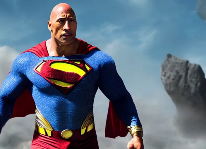 Image similar to film still of dwayne the rock johnson as superman in the new superman movie, 4 k, highly detailed face, detailed eyes