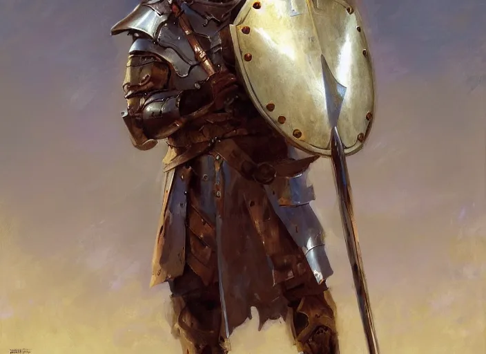 Prompt: a highly detailed beautiful portrait of a paladin with a shield and sword, by gregory manchess, james gurney, james jean