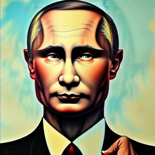 Prompt: frazetta portrait painting of vladimir putin , nighttime ,daytime , backlight , detailed visible brushmarks